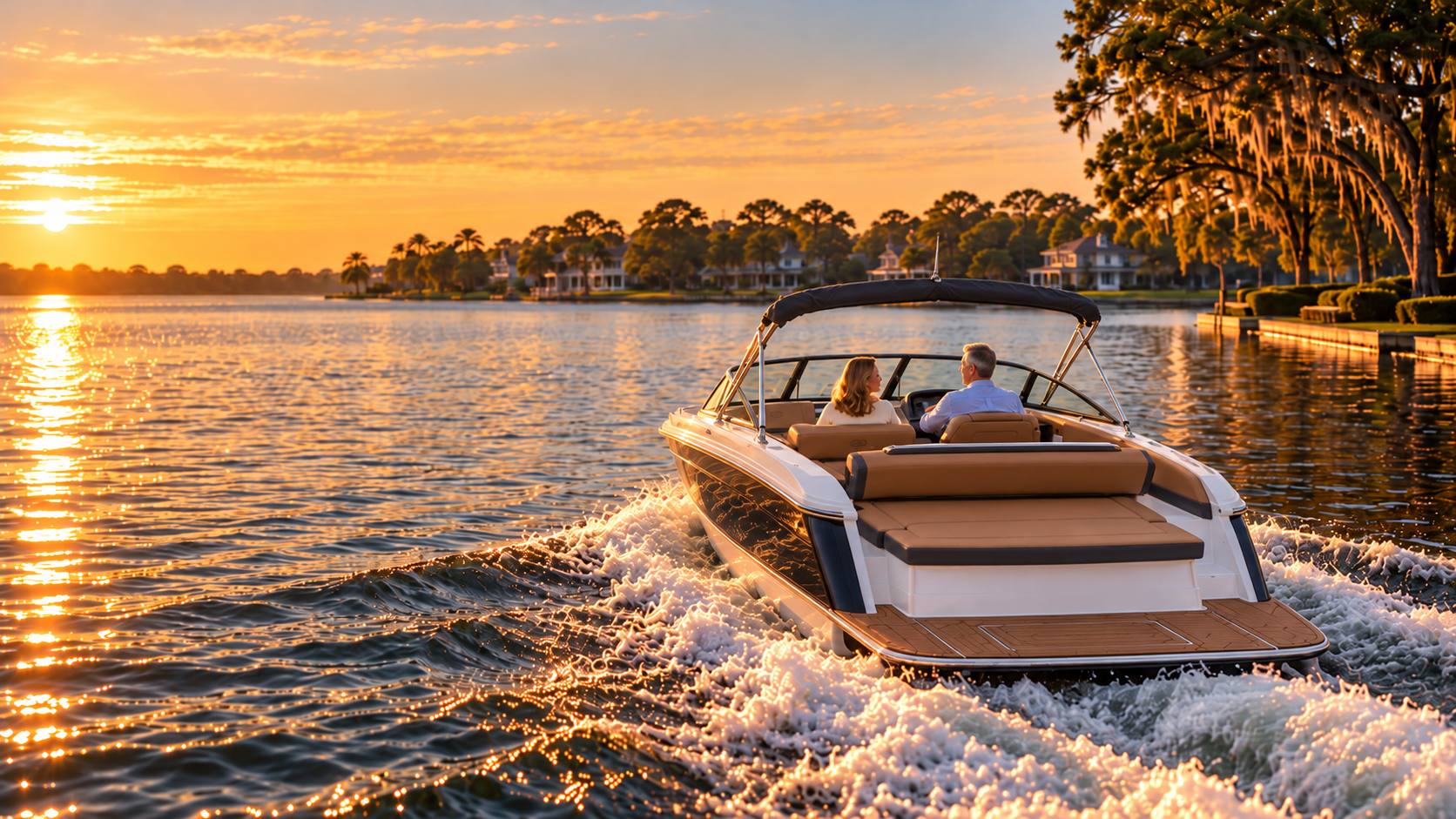 A couple cruising a Winter Park lake at sunset